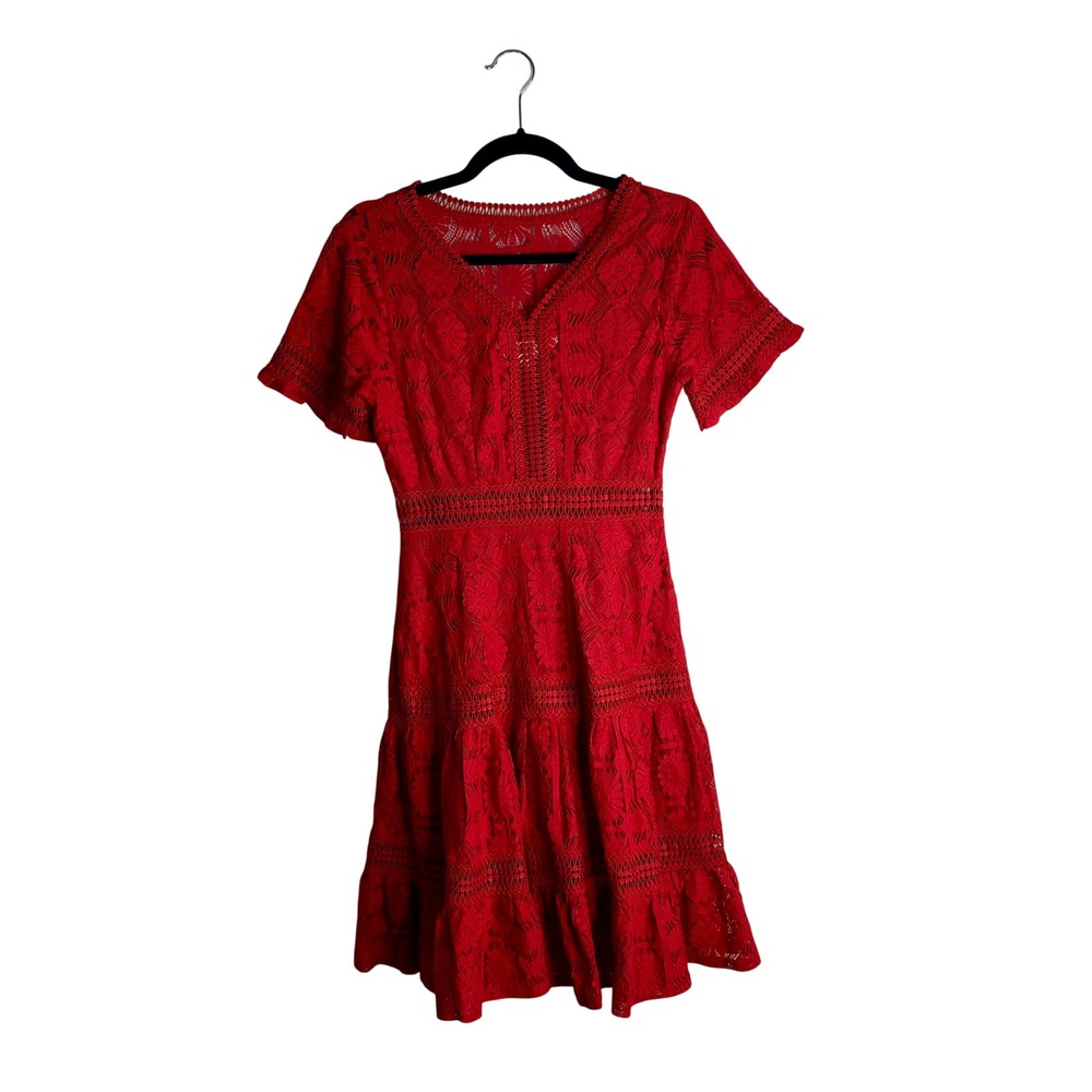 Label Ritu Kumar Red Lace Mini Dress Small Boho Crochet Tiered Short Sleeve S